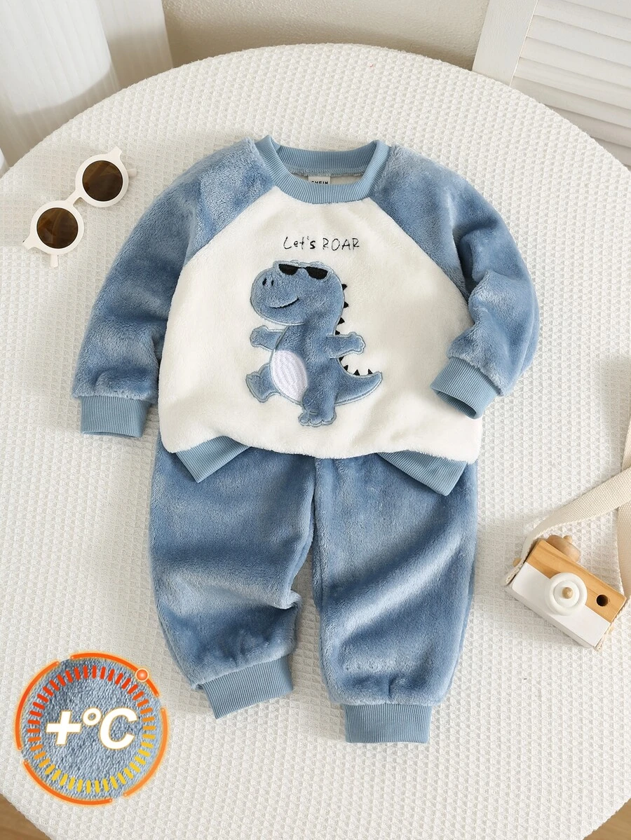 2pcs Baby Boy Autumn/Winter Color Block Cute Cartoon Dinosaur Embroidered Pattern Crew Neck Long Sleeve Pullover Sweatshirt Elastic Waist Long Pants Tracksuits - Multicolor - View 1
