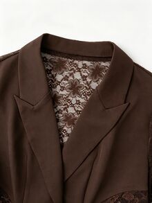 Lacomfia Plus Size Women's Lace Patchwork Casual Elegant Commute Travel Office Party Blazer Brown Summer - Coffee Brown - View 4