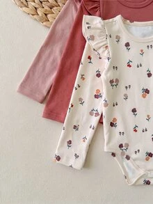 SHEIN 3pcs/Set Baby Girl Cute Ditsy Floral Fleece Elastic Crew Neck Cap Sleeve Long Sleeve Bodysuit Multi-Piece Set Suitable For Winter - Multicolor - View 4