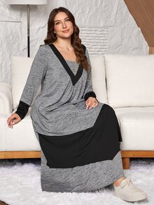 Lacomfia Plus Size Women's Knitted Grey & Color Block Patchwork Loose Fit Long Sleeve Multi-Layered Ruffle Hem Dress, Suitable For Casual Daily Occasions - Grey - View 1