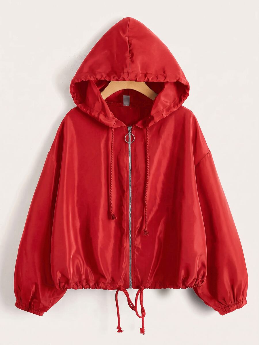 SHEIN EZwear 秋冬落肩抽繩下擺連帽夾克 - 紅色 - 查看 1
