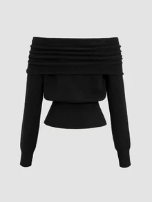 Sweetra Women's Cold Shoulder Cold Shoulder Long Sleeve Ruched Solid Color Sweater Dinner Office Black Fall Elegant - Black - View 2