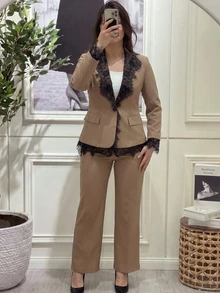 Modelyn Women's Elegant Black Lace Contrast Design Structured Tailored Blazer And Wide Leg Pants Suit Set, Soft Yet Powerful, Plus Size, For Daily Commute And Date - Champagne - View 3