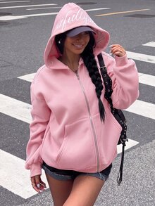 Muchica 女款純色拉鍊前襟字母印花雙口袋休閒寬鬆長袖運動衫 - 粉色 - 查看 3