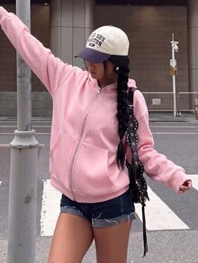 Muchica 女款純色拉鍊前襟字母印花雙口袋休閒寬鬆長袖運動衫 - 粉色 - 查看 6