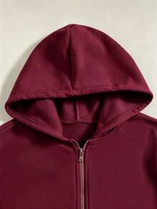 SHEIN 青少年女孩酒紅色拉鍊式落肩長袖休閒連帽衛衣外套，保暖內裡，基礎款，秋冬 Y2K 瑜伽度假派對適用 - 酒紅色 - 查看 5