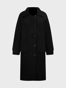 Balvessa Women's Loose Collar Mid-Length Knit Cardigan, Thick Chunky Stripe Design, Button Front Open Sweater Jacket With Pockets, Casual Street Style Autumn/Winter Daily Wear - Black - View 3