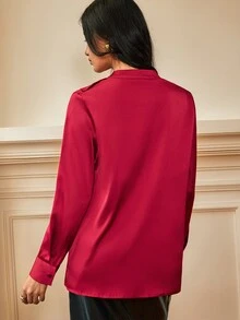 Écloséra Blus Lengan Panjang Elegan Berkerut Satin Warna Polos Gaya Eropa & Amerika Musim Semi/Panas Terbaru, Serbaguna untuk Aktivitas Komuter - Burgundy - View 3