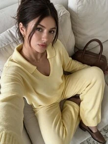 Sunnyshic Cream Yellow Soft V-Neck Loose Knit Sweater 2 Pieces Set - Yellow - View 1