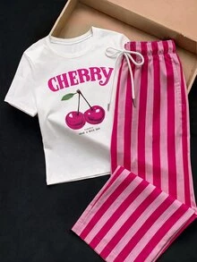 SHEIN EZwear 女款字母與水果印花短袖上衣搭配配色條紋長褲兩件套 - 玫紅色 - 查看 4
