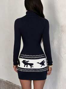 Sunnyshic Autumn/Winter Long Sleeve Fair Isle Jacquard Knit Sweater Dress - Multicolor - View 2