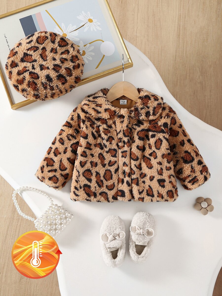 SHEIN طقم جاكيت للبنات الرضع، جاكيت كارديجان فرو ناعم لطيف وحلو، بيج وخاكي مطبوع، معطف منفوخ - بني - مشاهدة 1