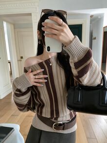 Sweetra Vintage Maillard Striped Off-Shoulder Lazy Women's Sweater - Multicolor - View 5