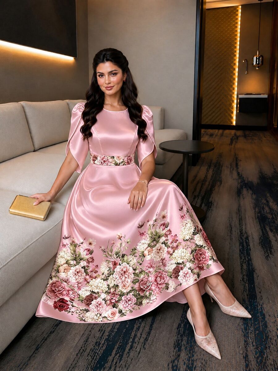 Auveirra Plus Size Women's Floral Pattern Tulip Sleeve Round Neck High Waist Ruffle Hem Dress - Pink - View 1