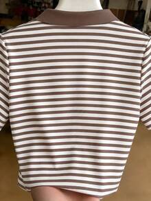 Resyla Brown & White Color Block Striped Short Sleeve Women's Polo Collar Top - Multicolor - View 2