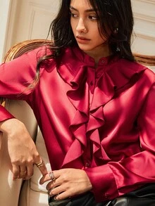 Écloséra Blus Lengan Panjang Elegan Berkerut Satin Warna Polos Gaya Eropa & Amerika Musim Semi/Panas Terbaru, Serbaguna untuk Aktivitas Komuter - Burgundy - View 2