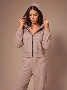 Lazeform Ultra Soft Ribbed Zipper Pocket Women's Pajama Set Hooded Casual Loungewear - Coral Pink - View 6