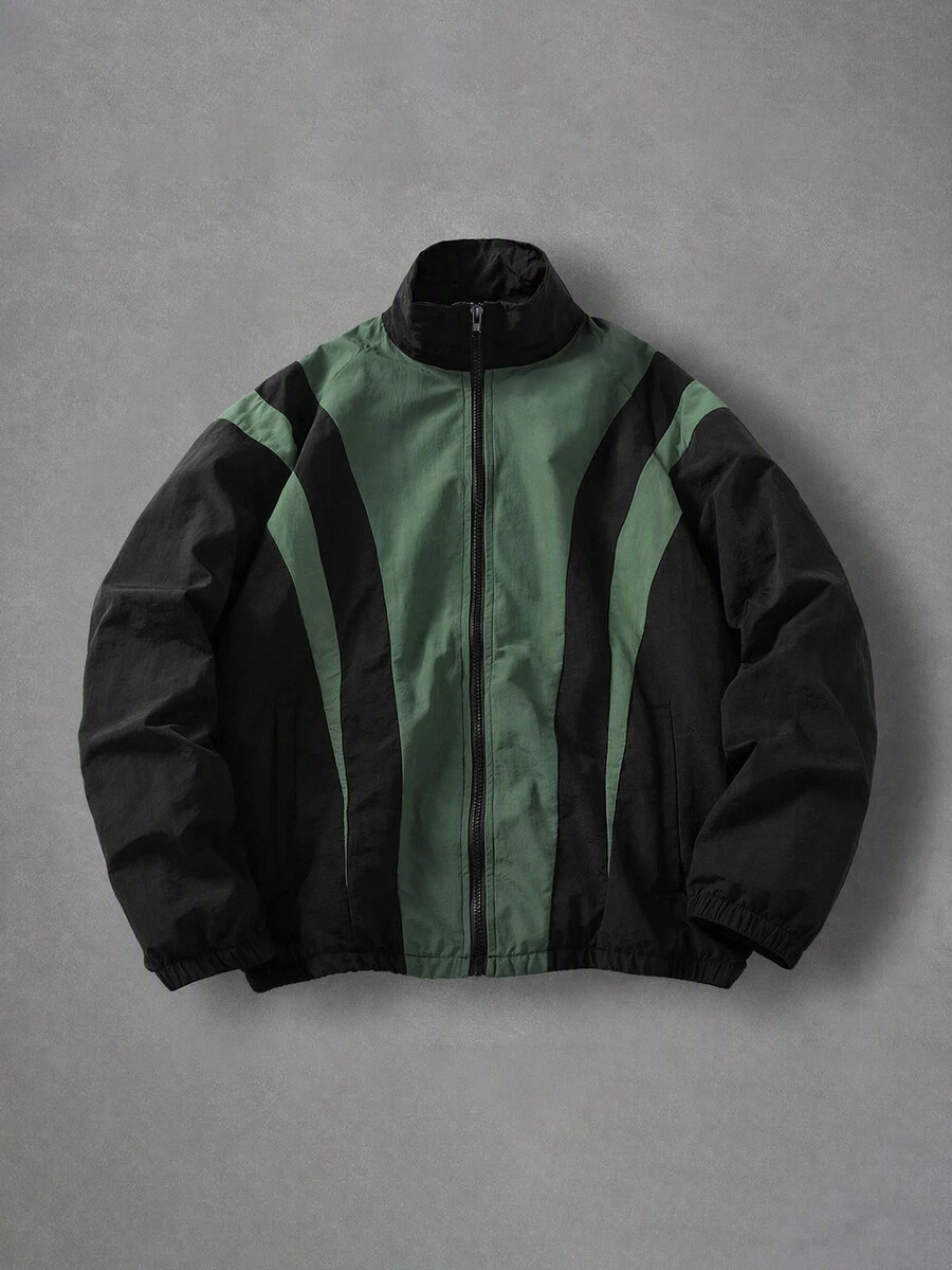 Manfinity EMRG 男士黑色與綠色拼色拉鍊前襟立領長袖時尚夾克 - 綠色 - 查看 1