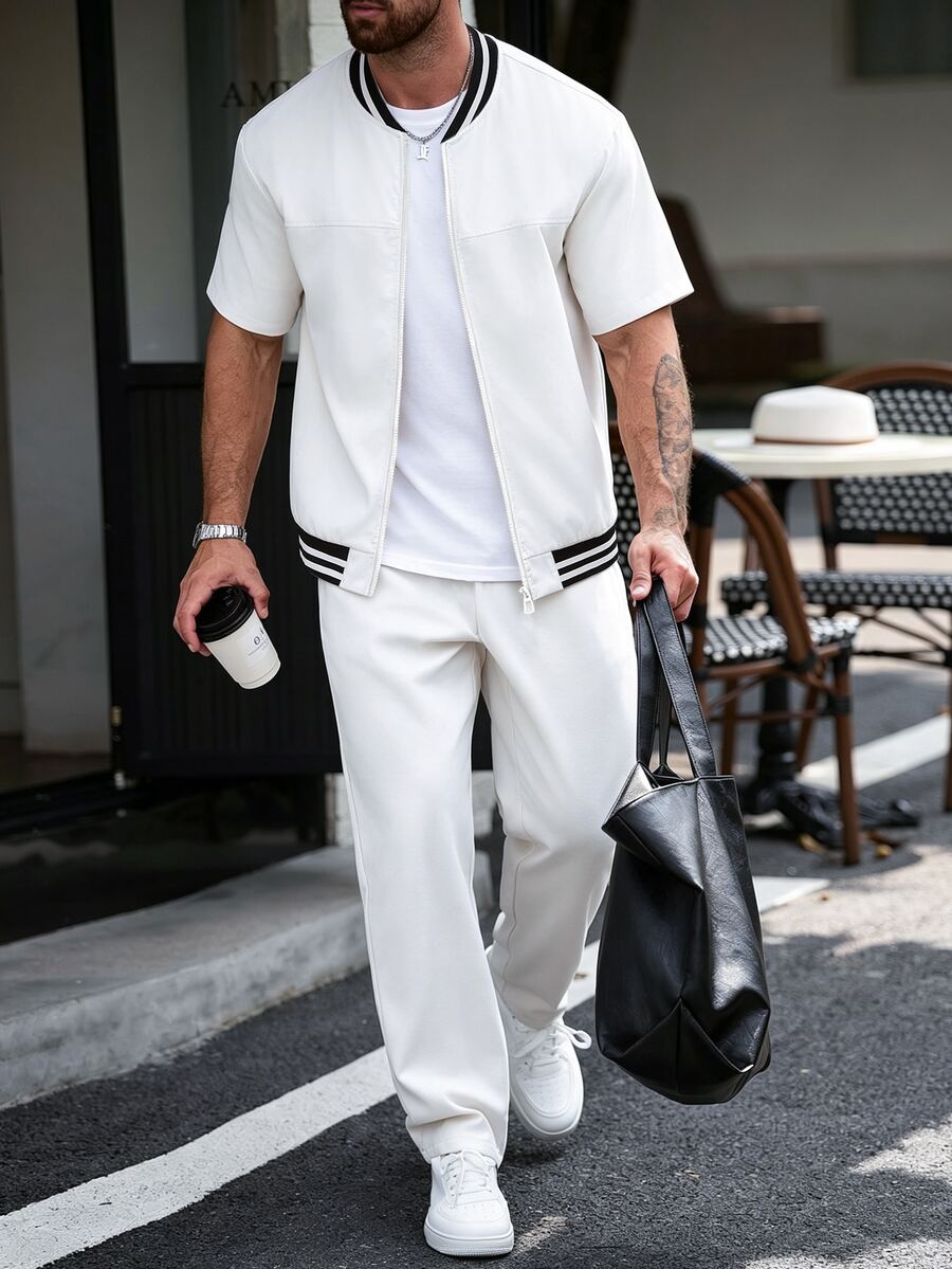 Manfinity CasualCool 男士拼接條紋棒球領短袖拉鍊上衣與長褲休閒套裝 - 白色 - 查看 1