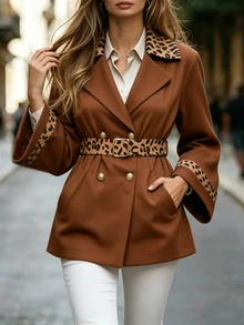 Balvessa Women's Elegant Versatile Loose Brown Leopard Print Patchwork Tie-Front Jacket, Autumn/Winter New Style - Brown - View 1