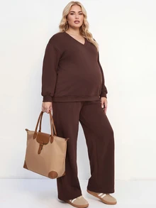 Plussiva Plus Size Maternity Knight Print Long Sleeve Sweatshirt And Sweatpants Casual 2 Pieces Set - Brown - View 2