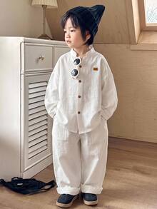 Young Boy Letter Patched Drop Shoulder Shirt & Pants Set - White - View 2