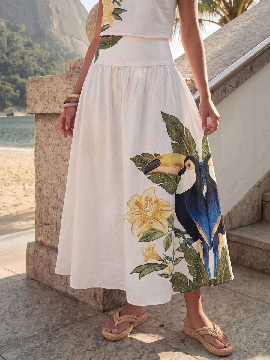 CAJUNI Elegant Skirt And Tank Top Set With Tropical Toucan And Floral Print - Multicolor - View 1