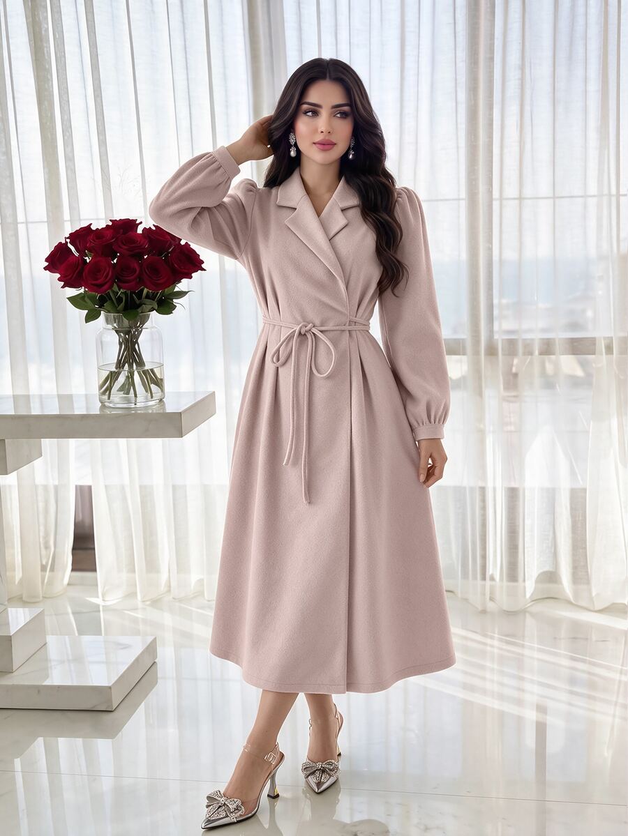 Feyla Women's Sweet Lapel Long Sleeve Dress For Vacation And Dating - Pink - View 1