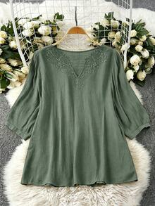 SHEIN LUNE CURVE Plus Size Women's Lace Collar Design Shirt, Fashionable Minimalist Casual Elegant Lazy Vacation Women's Clothing - Army Green - View 2