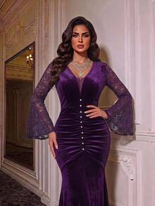 Comfylo Women's Plus Size Lace Patchwork Bell Sleeve Pearl Decor Long Party Elegant Dress - Purple - View 8