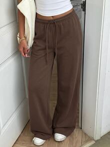SHEIN EZwear 女款純色抽繩彈性腰休閒日常百搭寬鬆運動長褲 - 棕色 - 查看 7