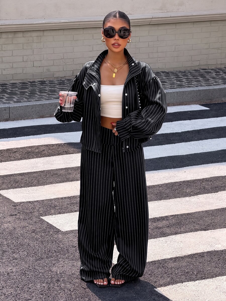 Muchica Black And White Striped Woven Women's Long Sleeve Pants Set, Autumn/Winter - Black - View 1