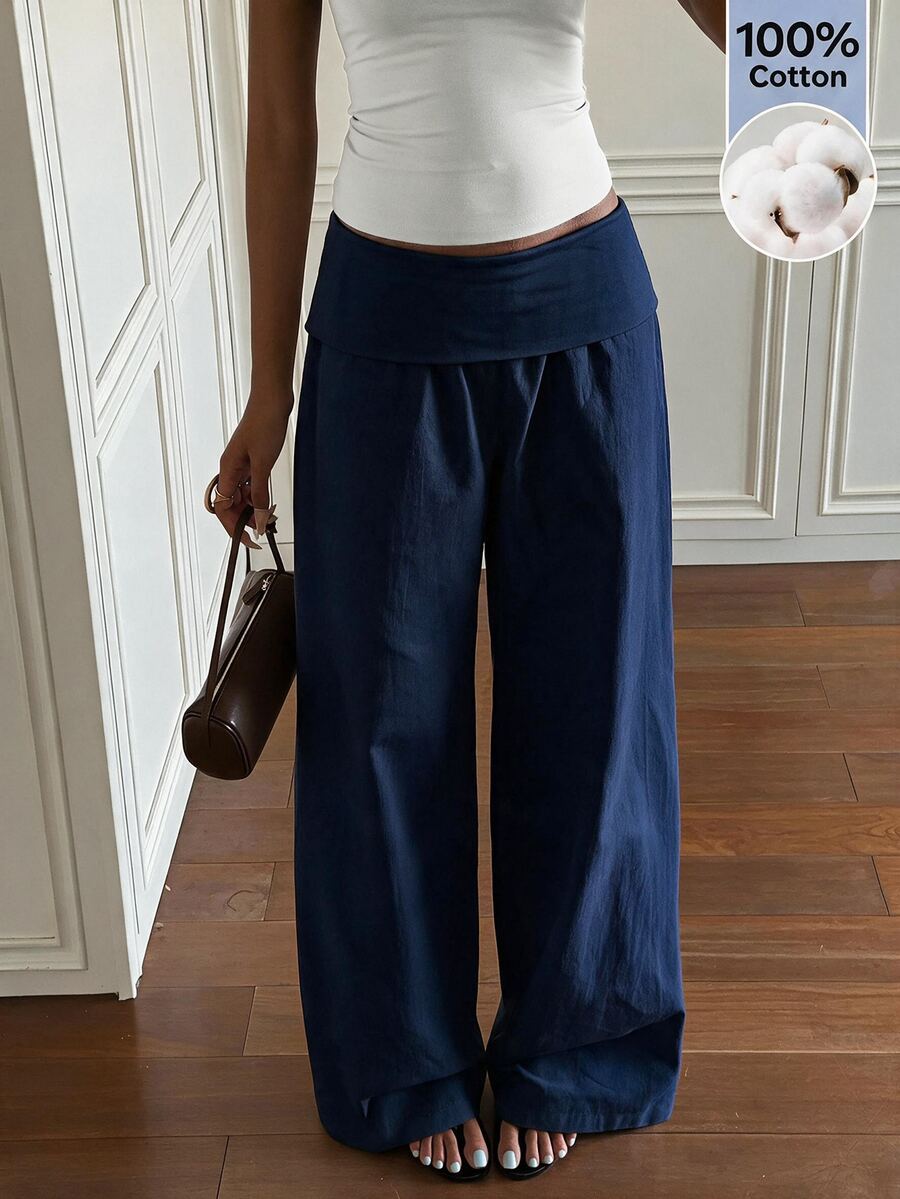 SHEIN EZwear 女款素色梭織長褲 - 藏蓝色 - 查看 1