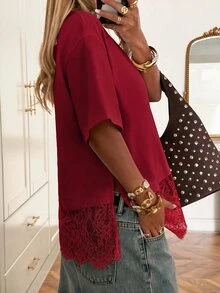 SHEIN EZwear 女款圓領素色蕾絲拼接時尚休閒T恤 - 酒紅色 - 查看 4
