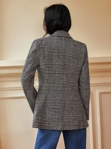 Écloséra Vintage Houndstooth Waist-Cinching Double-Breasted Gold Button Slim Fit Mid-Length Tweed Plaid Blazer Jacket For Women, Autumn/Winter, Elegant Commuter Style - Multicolor - View 6
