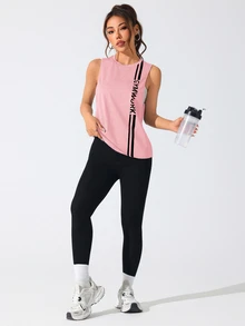 SHEIN Sports 女款圓領字母印花時尚運動無袖T恤 - 粉色 - 查看 4