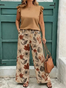 EMERY ROSE 女款大尺碼圓領荷葉袖上衣與印花長褲兩件套 - 彩色 - 查看 1