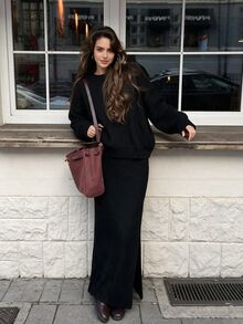 Autumina Women's Long Sleeve Sweater And High Waist Side Slit Skirt Set - Black - View 1
