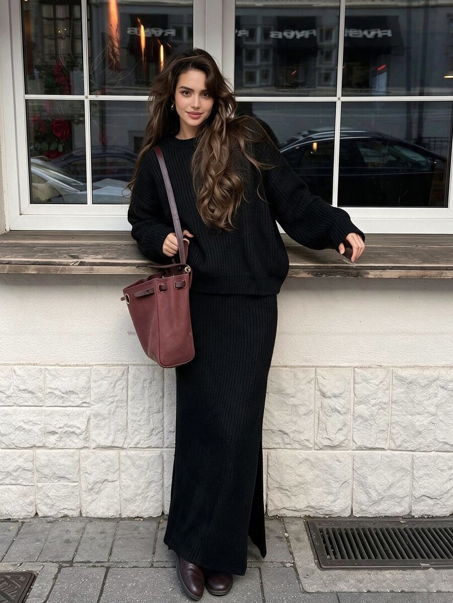 Autumina Women's Long Sleeve Sweater And High Waist Side Slit Skirt Set - Black - View 1