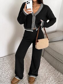 CovetEZ 女款 2 件式毛衣套裝，條紋飾邊設計外套搭配純色長褲，都市文藝街頭風休閒時尚創意個性街頭穿搭 - 黑色 - 查看 7