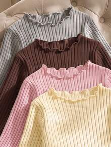 SHEIN Genkimix Kids 4件組女孩秋冬棉質羅紋素色荷葉邊長袖上衣，可愛T恤內搭層，適合春夏/秋冬，百搭時尚上衣，適用於學校、度假、日常穿著 - 彩色 - 查看 3