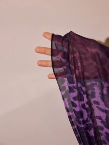 Slumberist 2pcs Women's Leopard Print Lace Patchwork Long Sleeve Robe + Sexy Waist-Exposing Cami Nightgown Sleepwear Set - Purple - View 8