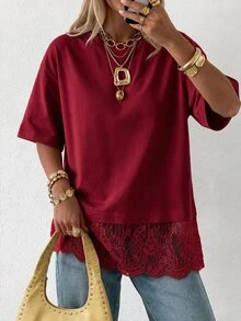 SHEIN EZwear 女款圓領素色蕾絲拼接時尚休閒T恤 - 酒紅色 - 查看 1