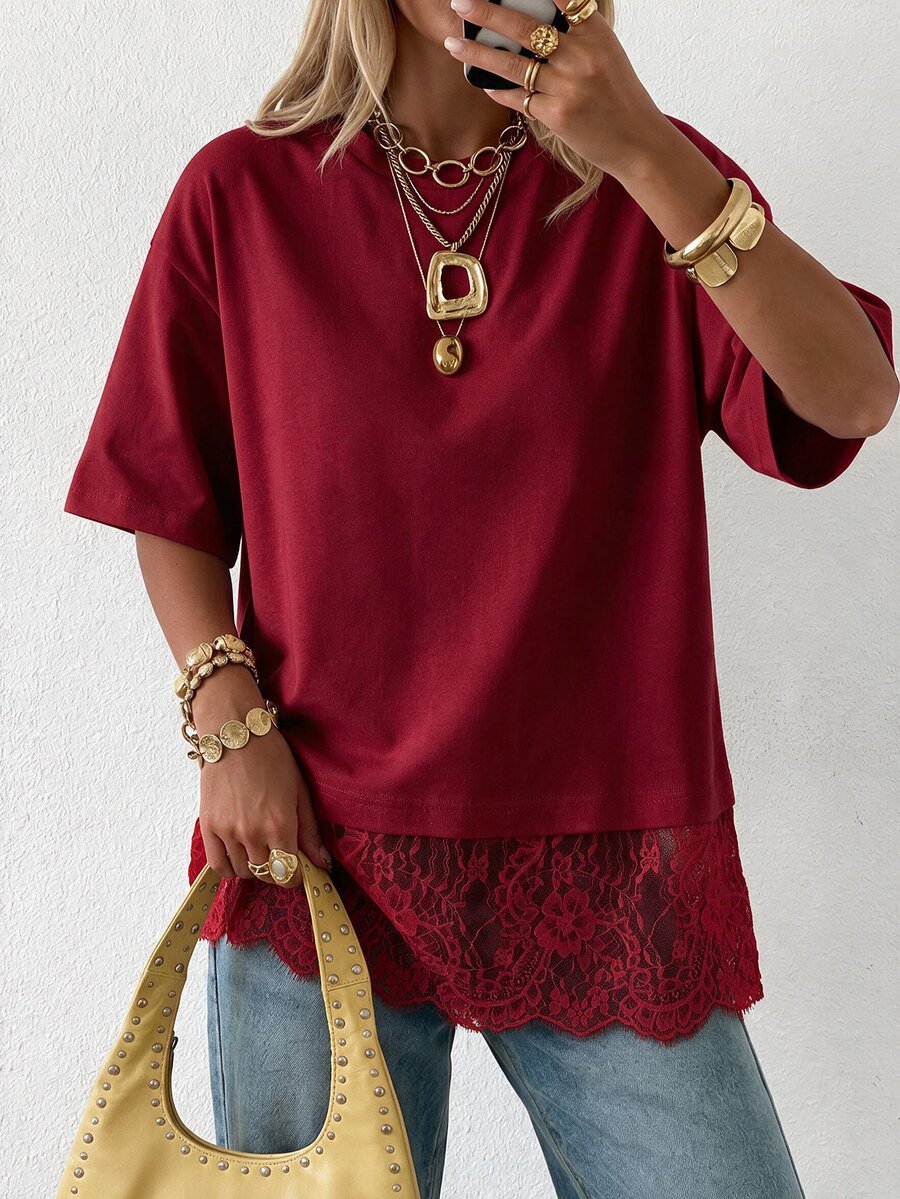 SHEIN EZwear 女款圓領素色蕾絲拼接時尚休閒T恤 - 酒紅色 - 查看 1