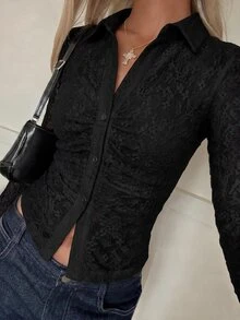 SHEIN EZwear 女款V領長袖單排扣純色上衣 - 黑色 - 查看 4