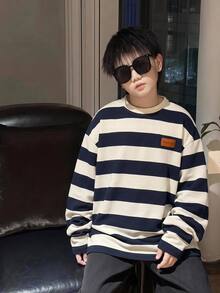 青少年男孩條紋圓領T恤，都市街頭風套頭衫，休閒時尚創意個性款 - 彩色 - 查看 3