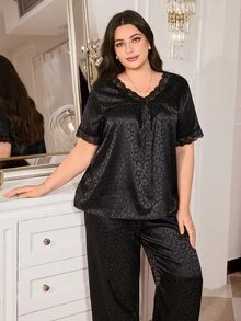 MuseNap CURVE Plus Leopard Jacquard Lace Trim Satin PJ Set - Black - View 4