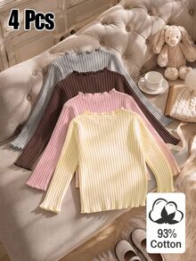 SHEIN Genkimix Kids 4件組女孩秋冬棉質羅紋素色荷葉邊長袖上衣，可愛T恤內搭層，適合春夏/秋冬，百搭時尚上衣，適用於學校、度假、日常穿著 - 彩色 - 查看 2