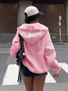 Muchica 女款純色拉鍊前襟字母印花雙口袋休閒寬鬆長袖運動衫 - 粉色 - 查看 2