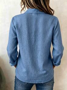 Holdful Holdful New Style Lapel V-Neck Design Versatile Button-Down Women's Shirt - Blue - View 2